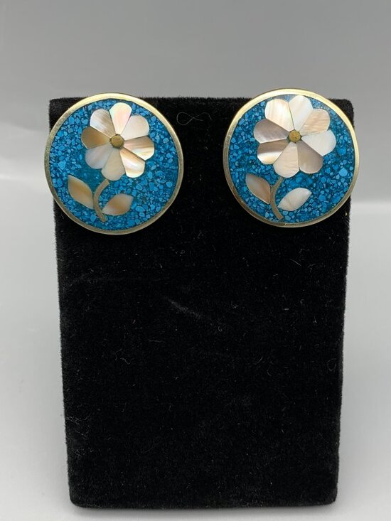 Alpaca Mexico Jewelry - Vintage Alpaca Mexico Earrings with Crushed Turquoise & Mother-of-Pearl Mosaic